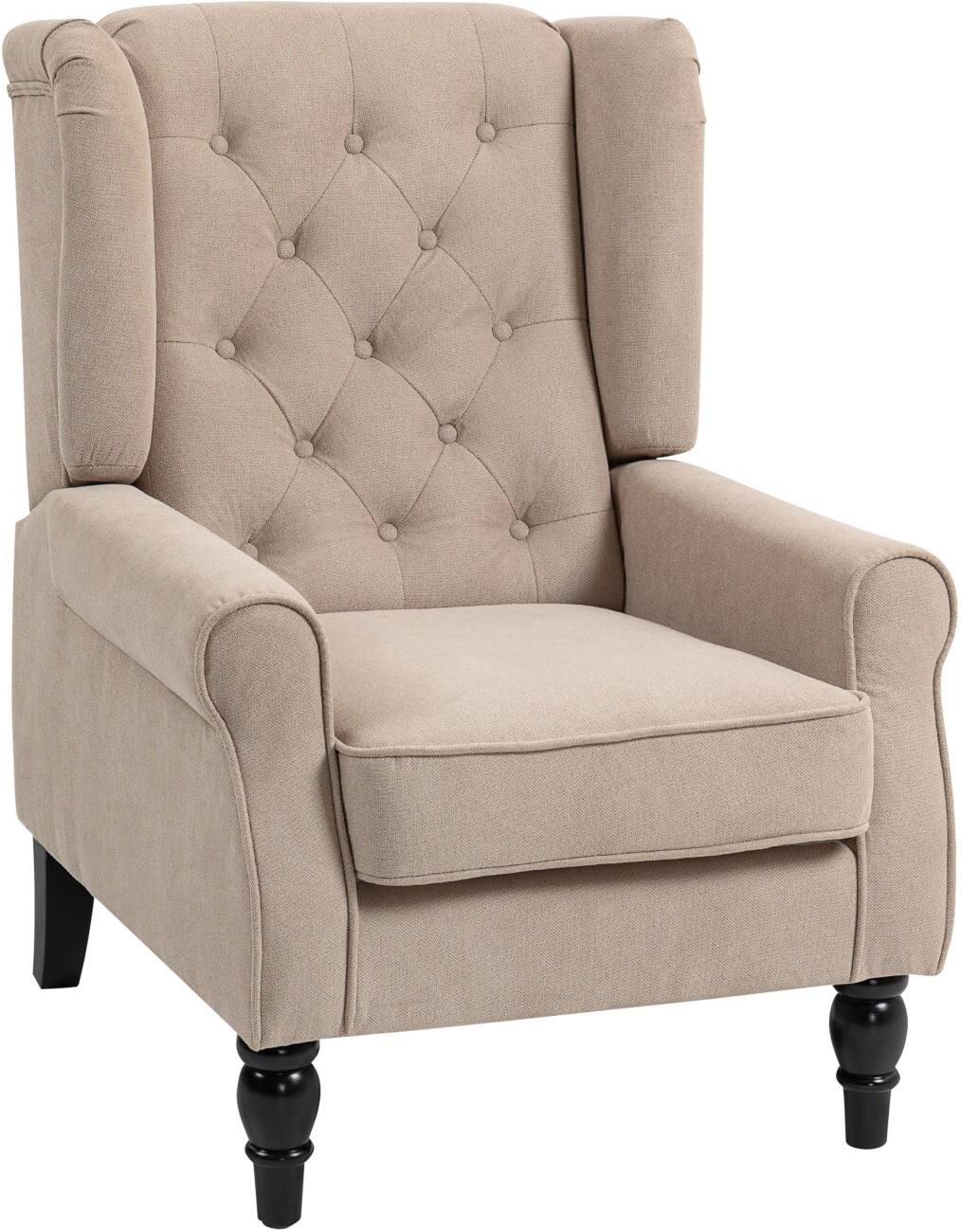 HOMCOM Wingback Accent Chair, Snow Flannel Armchair with Thick Spring Cushion, High Back, Solid Wood Legs, Retro Button Tufted Reading Chair for Living Room, Bedroom, Beige