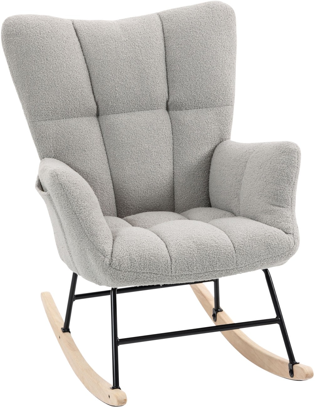 HOMCOM Rocking Chair with Side Pockets, Wingback Tufted Rocker Chair with Teddy Fleece Upholstered, Rubber Wood Legs for Living Room, Bedroom, Light Grey