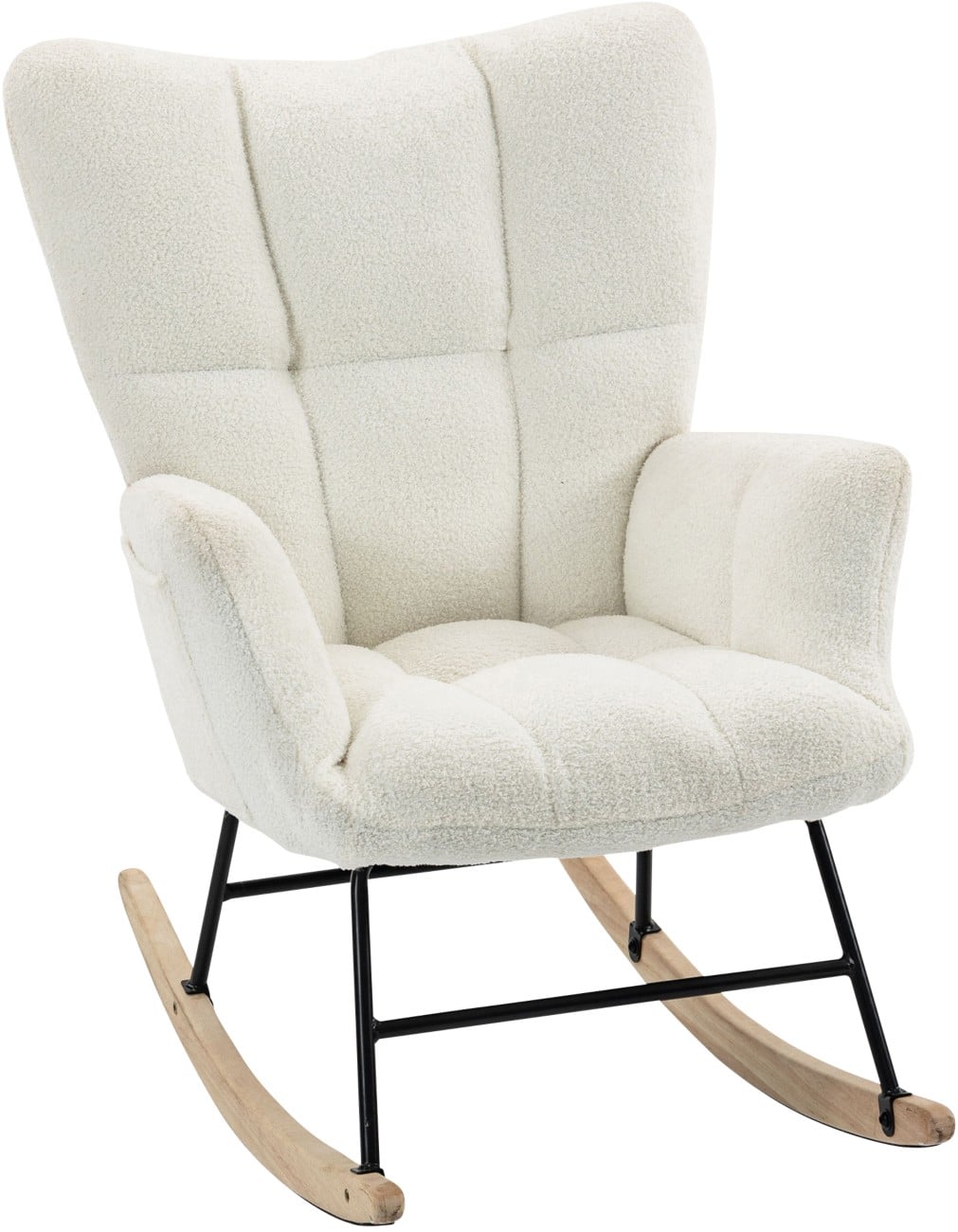 HOMCOM Rocking Chair with Side Pockets, Wingback Tufted Rocker Chair with Teddy Fleece Upholstered, Rubber Wood Legs for Living Room, Bedroom, Cream White