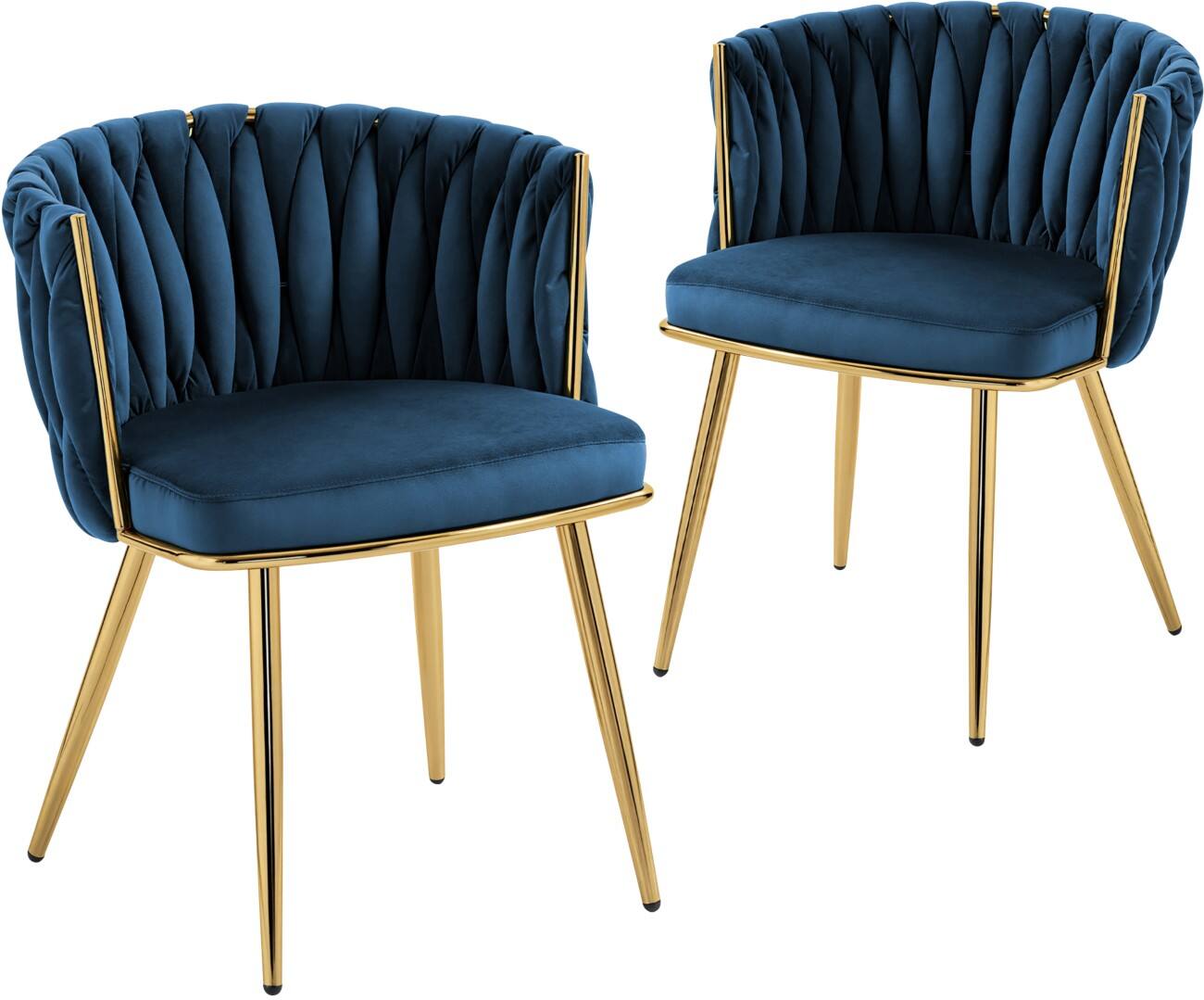 HOMCOM Velvet-Feel Dining Chairs Set of 2, Modern Upholstered Armchair with Knot Design and Golden Metal Legs, Accent Chair for Dining Room, Bedroom, Kitchen, Living Room, Dark Blue