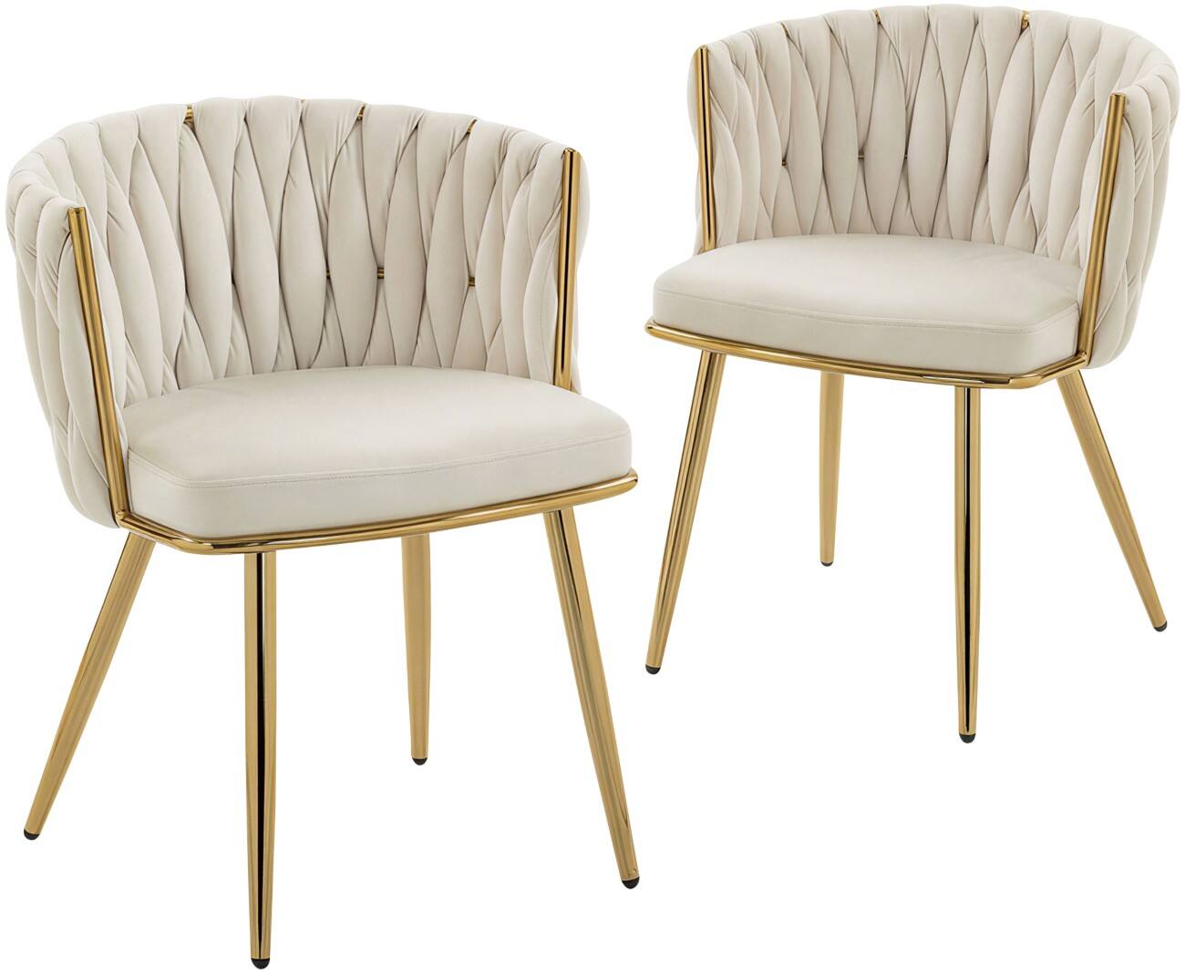 HOMCOM Velvet-Feel Dining Chairs Set of 2, Modern Upholstered Armchair with Knot Design and Golden Metal Legs, Accent Chair for Dining Room, Bedroom, Kitchen, Living Room, Cream