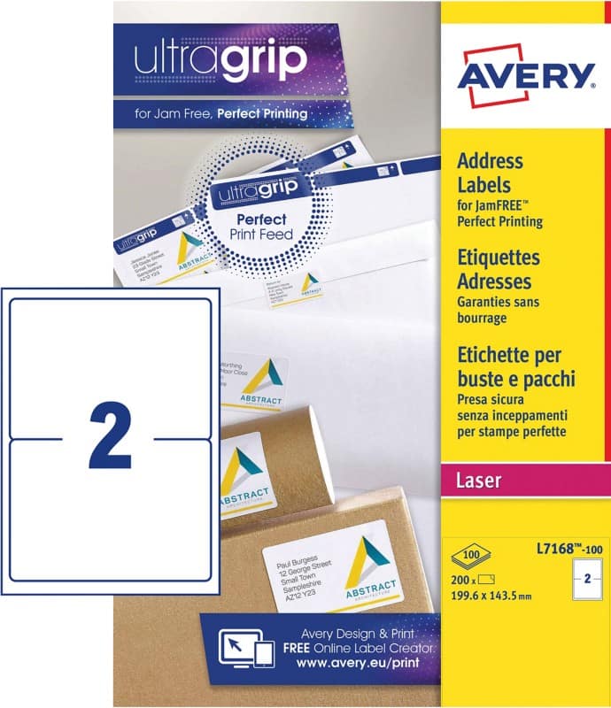 Avery L7168-100 Parcel Labels Self Adhesive 199.6 x 143.5 mm White 100 Sheets of 2 Labels