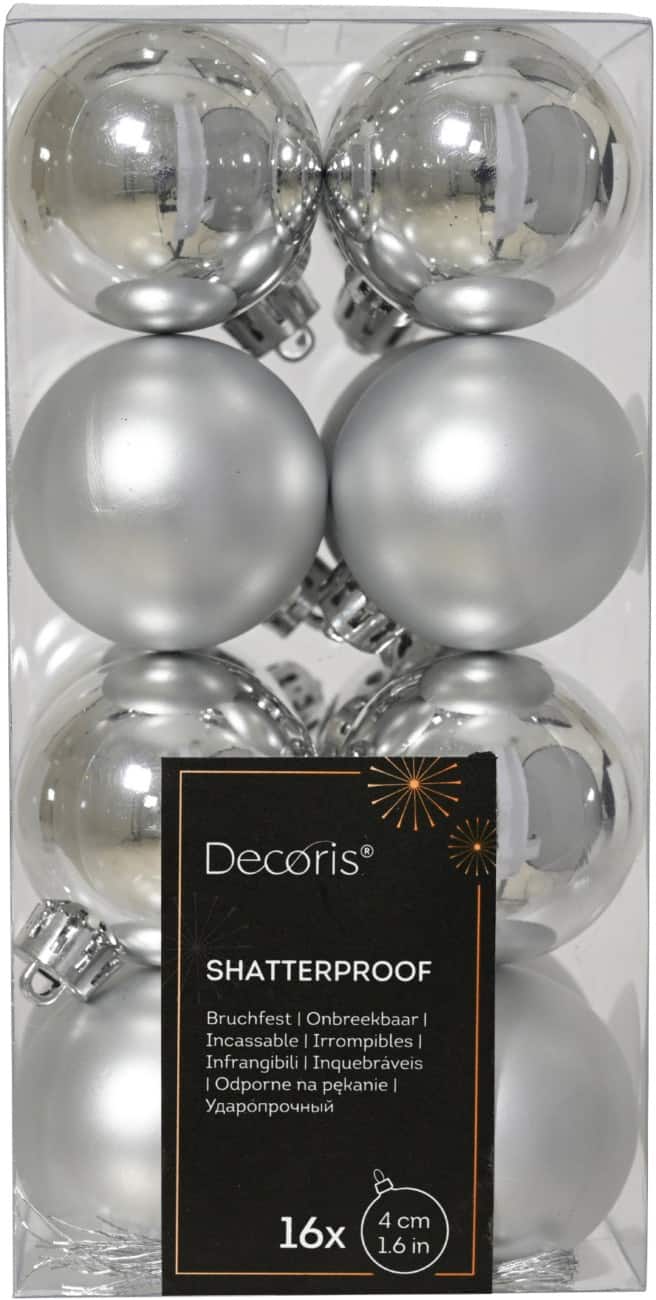 Decoris Christmas Bauble Silver Shatterproof 4 cm diameter Pack of 16
