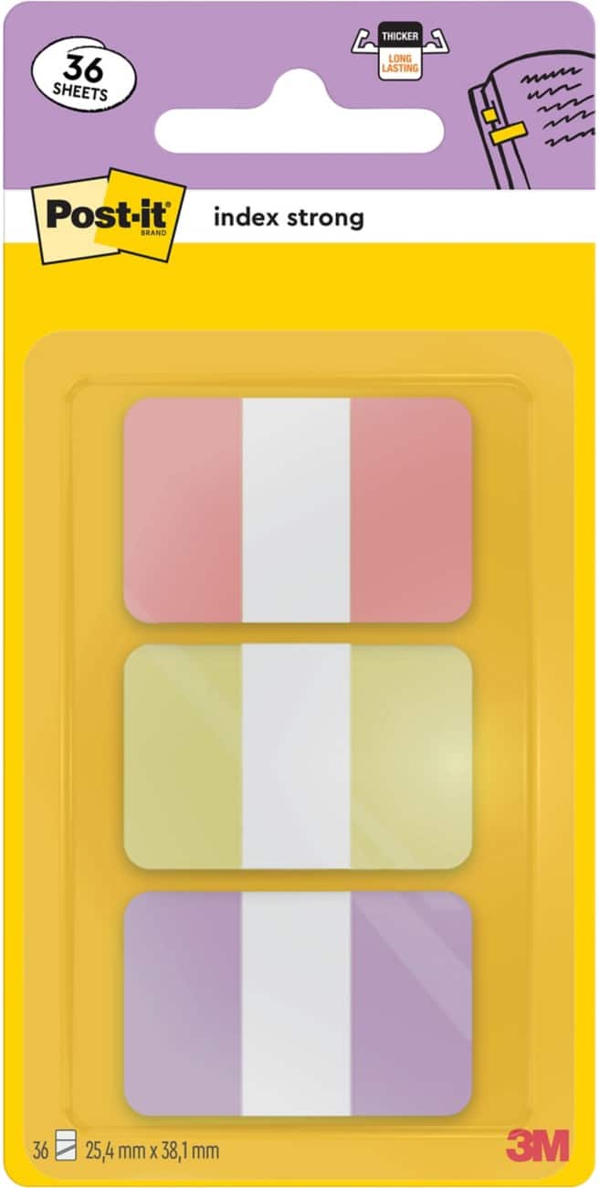 Post-it Index Flags Rectangular 25,4 x 38,1 mm Multicolour Pastel Pink, Yellow and Purple Pack of 36 