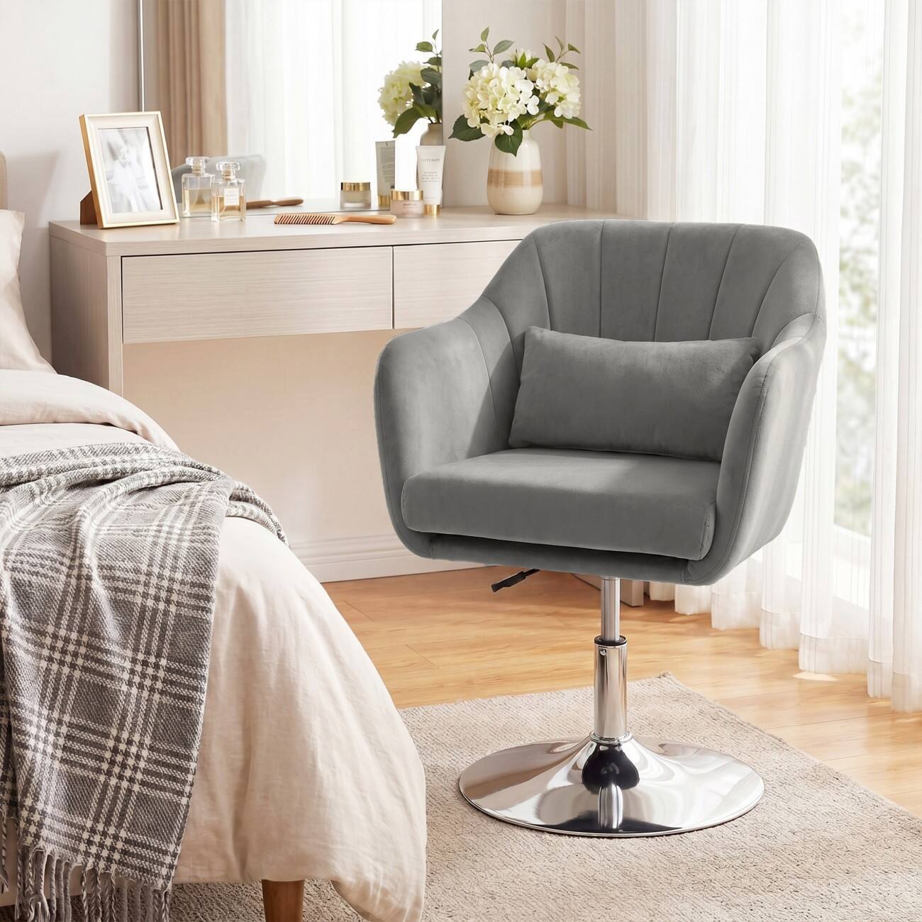 HOMCOM Accent Chair Accent Chair Fabric Fixed Armrest Height-Adjustable Seat Grey 120 kg 833-757V75GY 570 x 600 x 910 mm