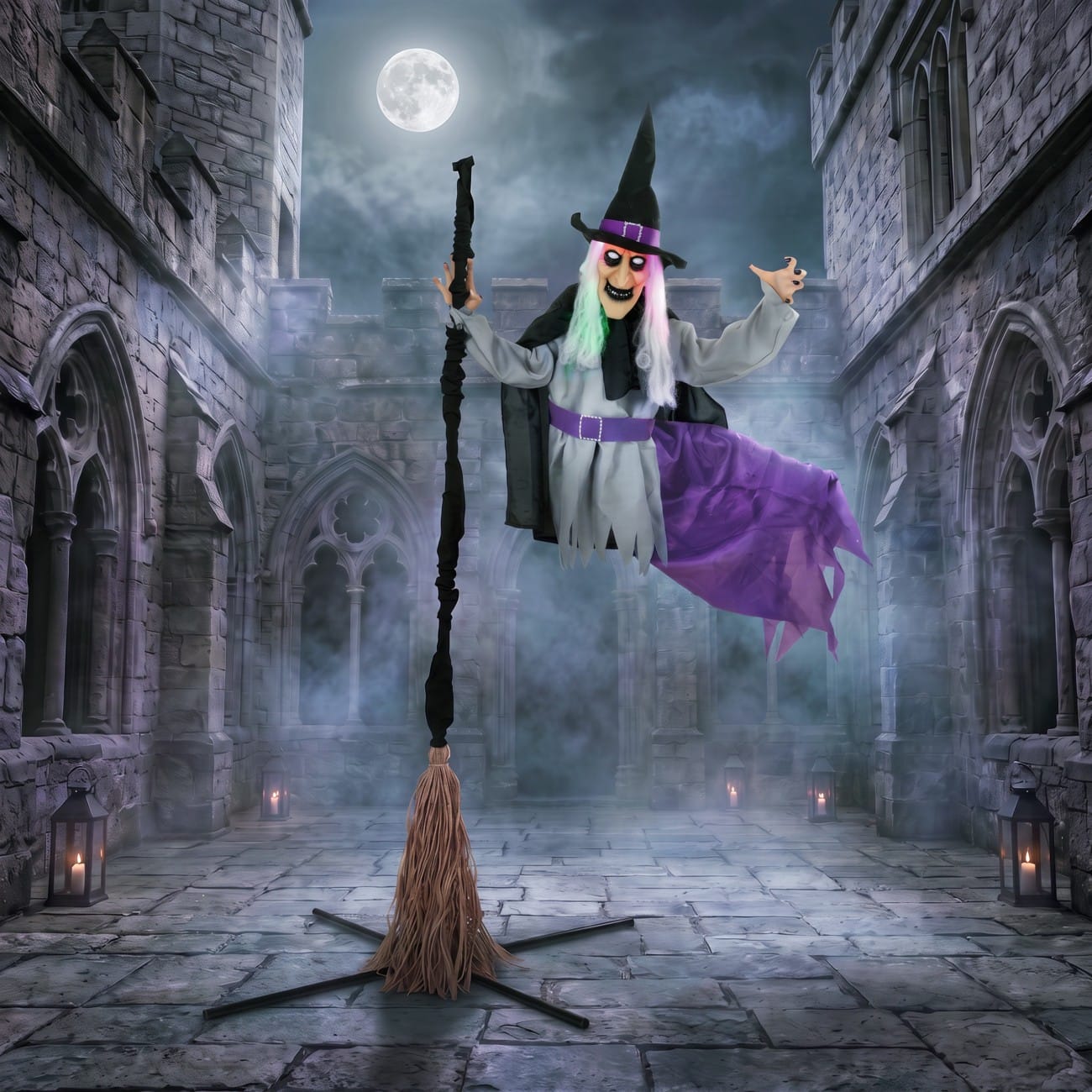 HOMCOM Halloween Decoration Witch Metal, Polyester Fibre Black 200 cm