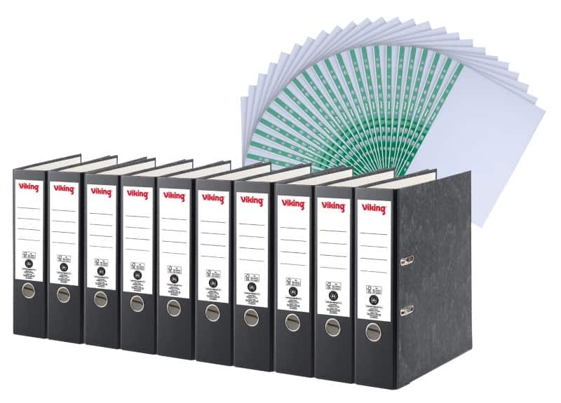 Viking Wide Lever Arch File A4 80 mm Black 2 Rings Cardboard Marbled Portrait + Pack of 25 Viking Punched Pockets