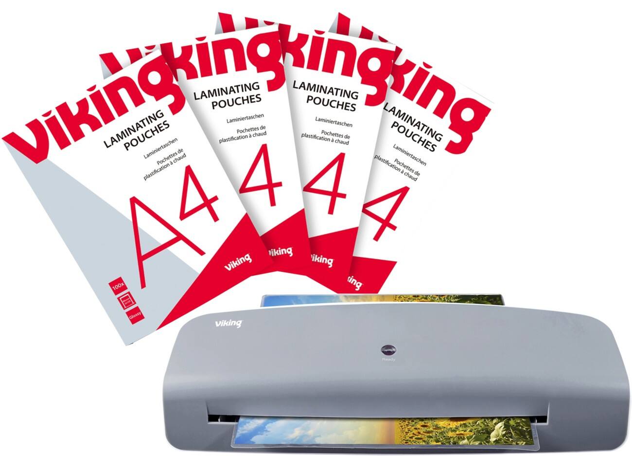 Viking Laminating Pouches A4 Glossy 250 (2 x 125 microns) Pack of 100 + Viking A4 Laminator