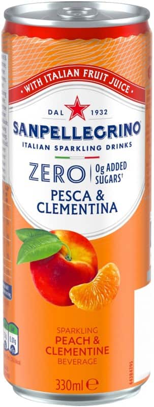 San Pellegrino Italian Sparkling Soft Drink Zero Peach & Clementine Can 330 ml Pack of 6