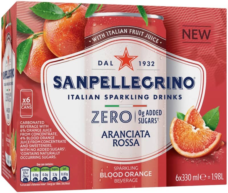 San Pellegrino Italian Sparkling Soft Drink Zero Blood Orange Can 330 ml Pack of 6