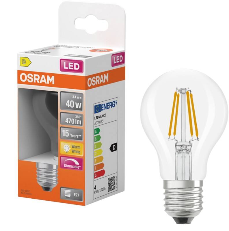 Osram Retrofit CLASSIC Light Bulb Clear E27 3.4 W Warm White