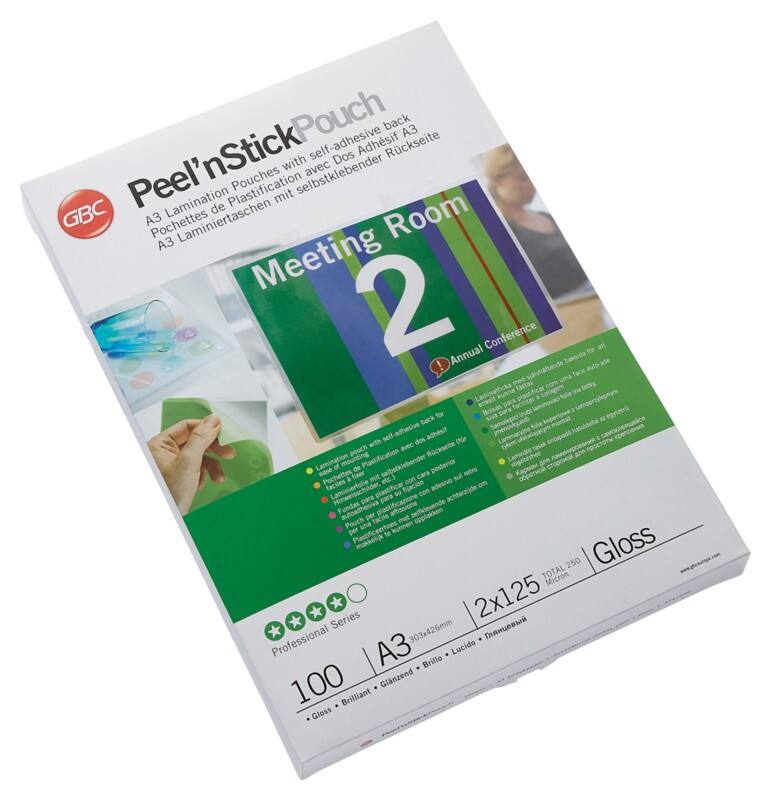 GBC Peel'nStick Laminating Pouches A3 Glossy Adhesive 125 Microns Transparent Pack of 100