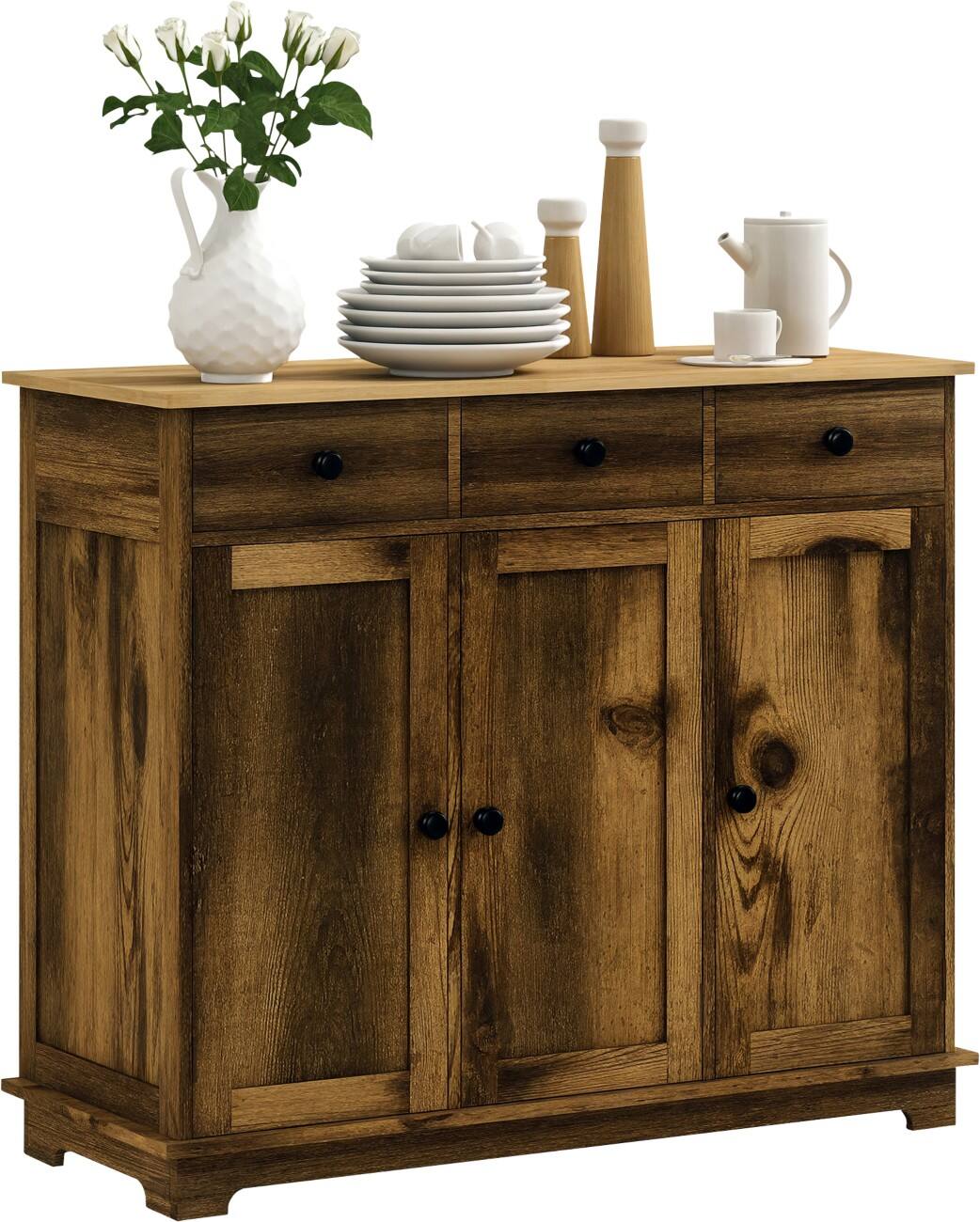 HOMCOM Sideboard 835-511V80RB MDF (Medium-Density Fibreboard), Rubberwood 3 Doors 3 Drawers