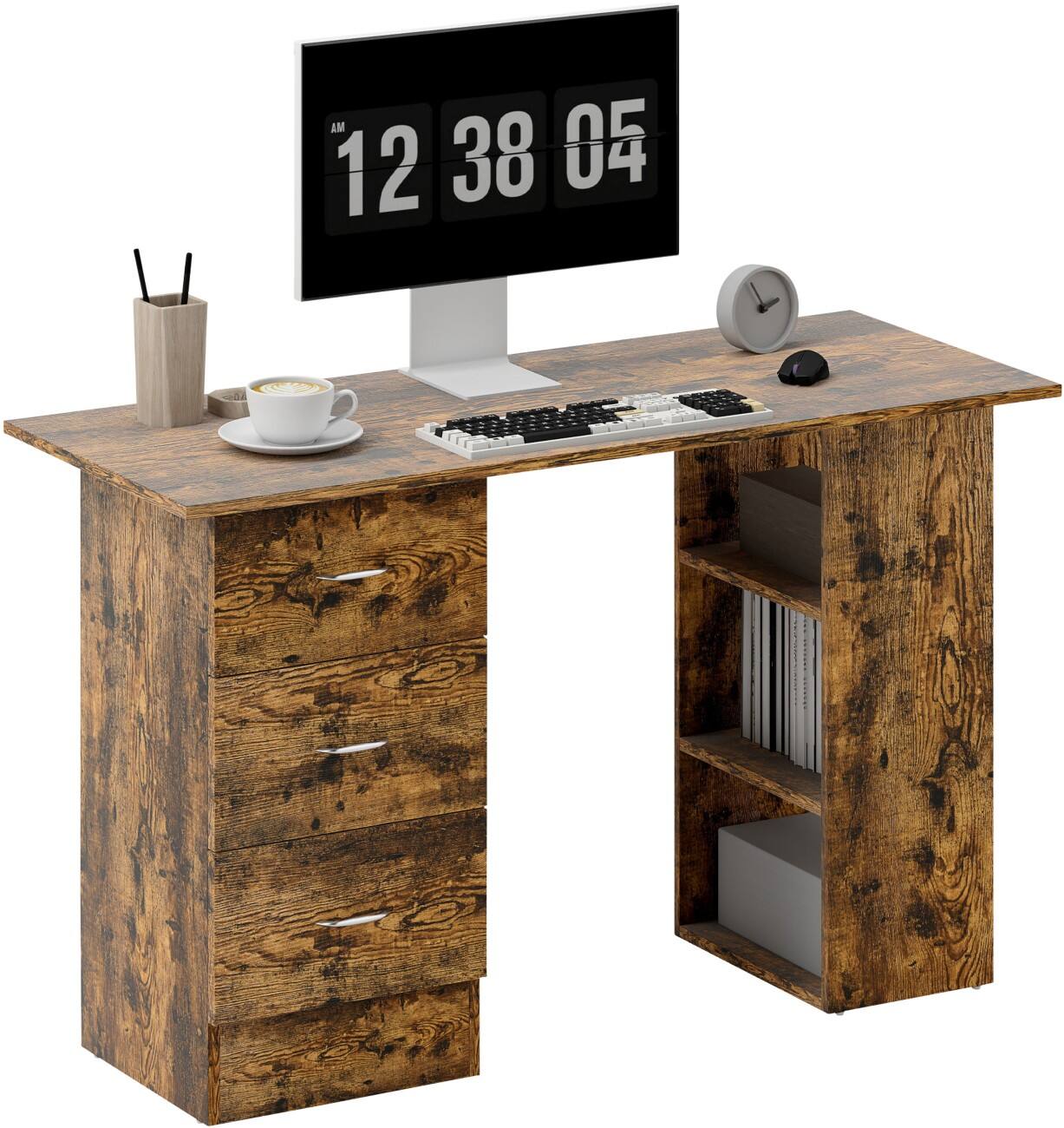 HOMCOM Desk with Shelves Computer Desk Rectangular Rustic Brown 3 Drawers 490 (W) x 1,200 (D) x 720 (H) mm Particle Board