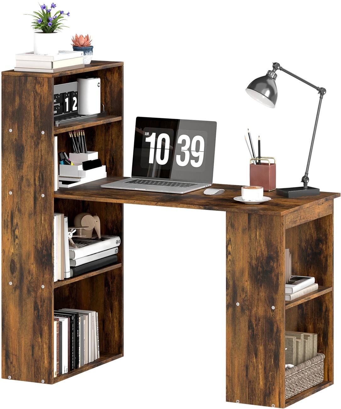 HOMCOM Desk with Shelves Computer Desk Rectangular Rustic Brown 0 Drawers 550 (W) x 1,200 (D) x 1,200 (H) mm Particle Board