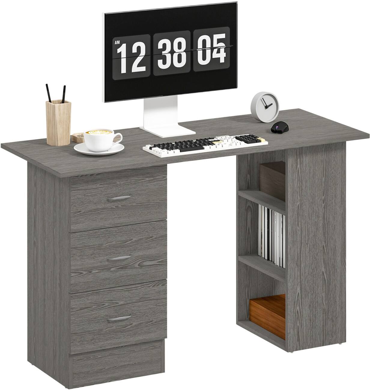 HOMCOM Desk with Shelves Computer Desk Rectangular Grey 3 Drawers 490 (W) x 1,200 (D) x 720 (H) mm Particle Board
