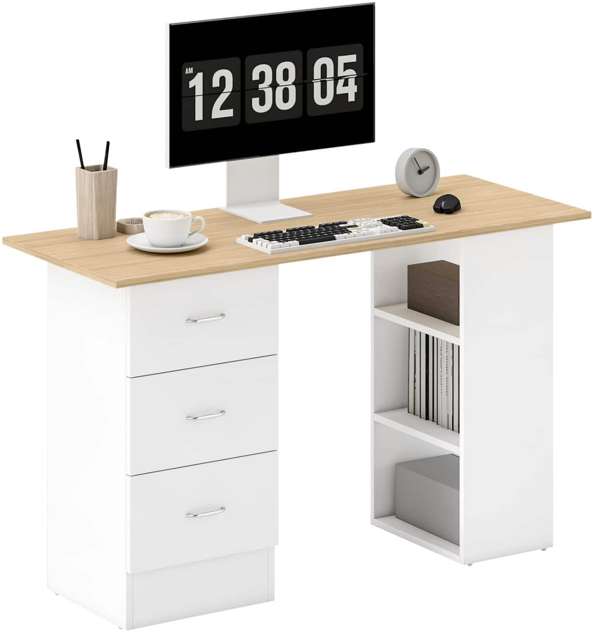 HOMCOM Desk with Shelves Computer Desk Rectangular Natural wood finish 3 Drawers 490 (W) x 1,200 (D) x 720 (H) mm Particle Board