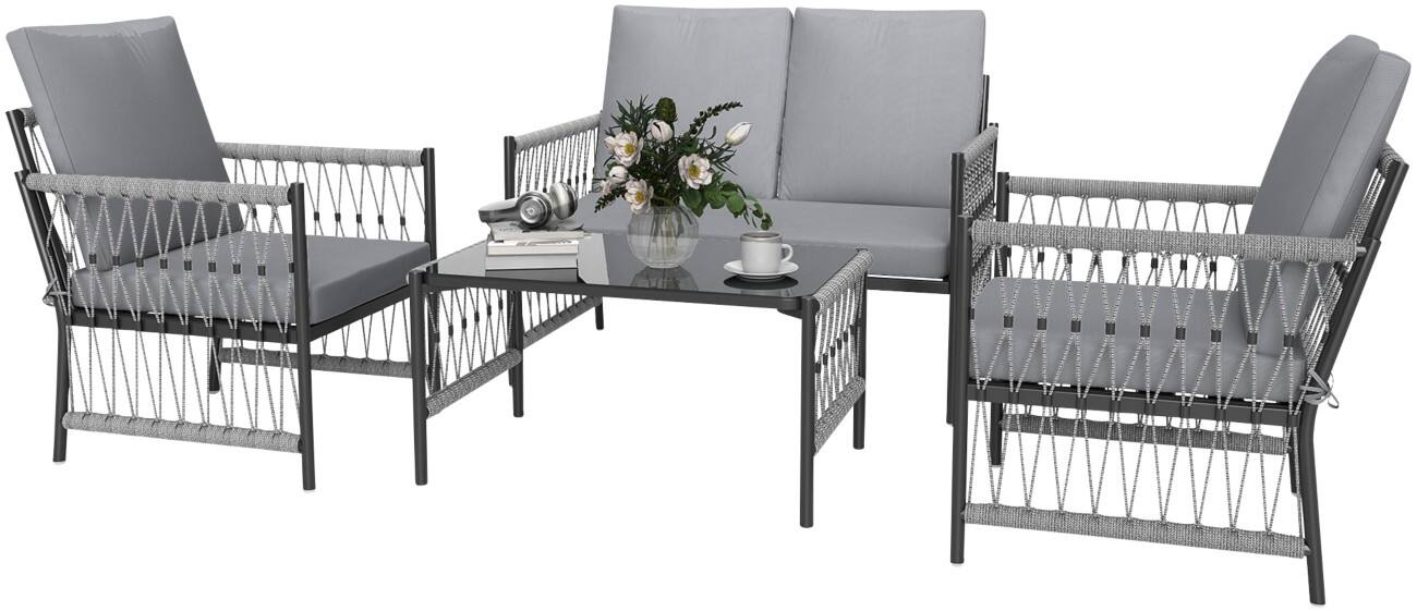 OutSunny Garden Furniture Set Steel, PE Rattan Grey Outdoor 4 Pieces