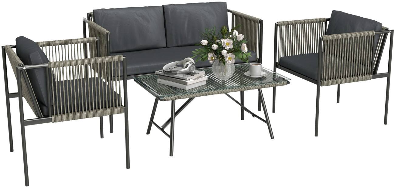 OutSunny Garden Furniture Set Steel, PE Rattan Grey Outdoor 4 Pieces