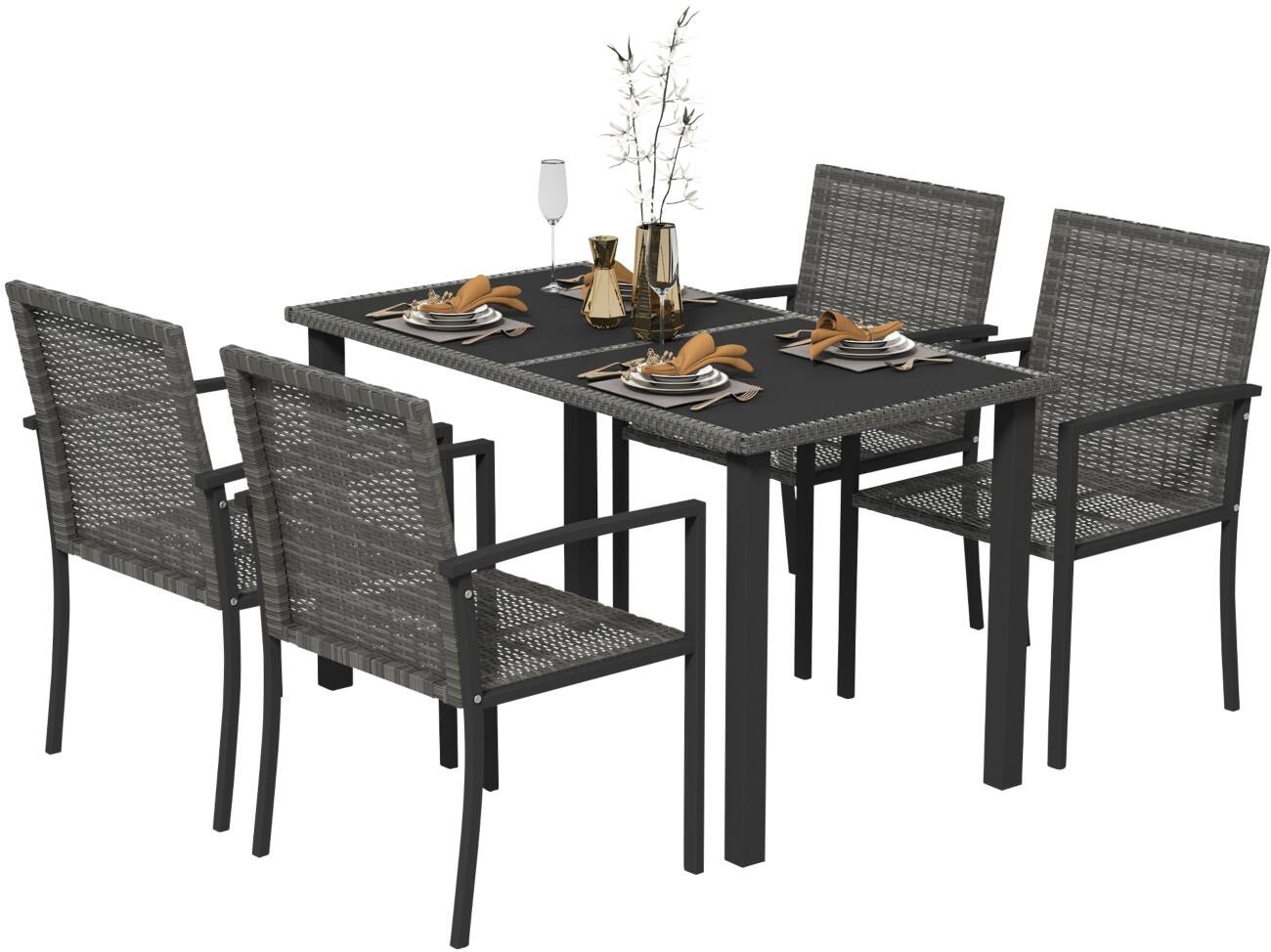 OutSunny Garden Furniture Set Steel, PE Rattan, Glass Grey Outdoor 5 Pieces