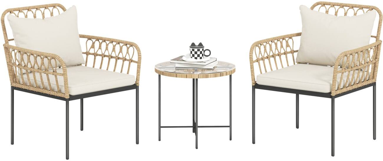 OutSunny Garden Furniture Set Steel, PL (Polyester), PE Rattan Cream Outdoor 3 Pieces