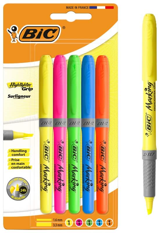 BIC Grip 824758 Highlighter Assorted Medium Chisel 3.3 mm Pack of 5