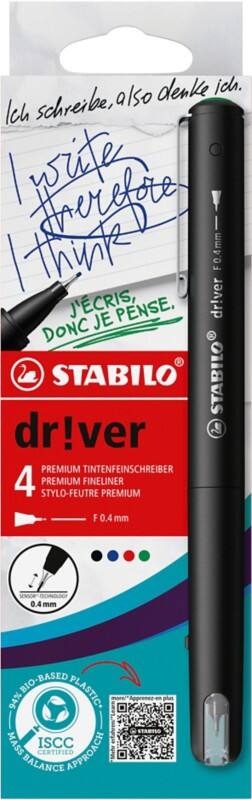 STABILO dr!ver Fineliner Pen 0.4 mm Needlepoint Assorted EO1088/4-01 Pack of 4