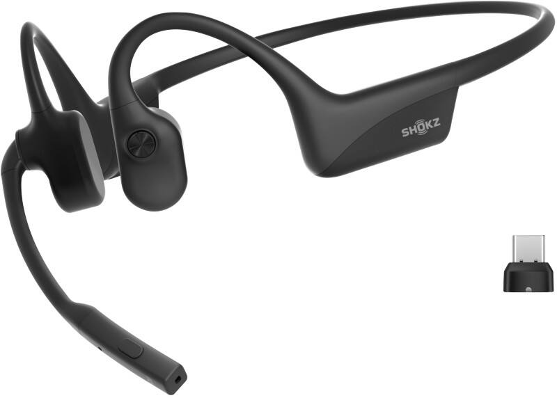 SHOKZ OpenComm2 2025 UC Wireless Headset Bluetooth USB-C Adapter Bone Conduction Black