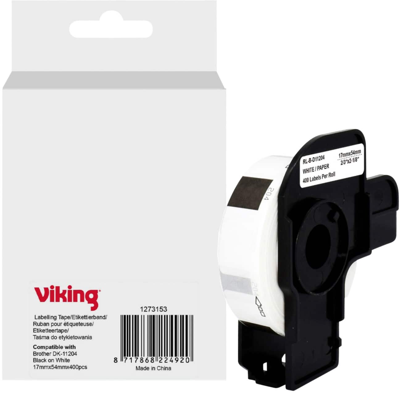 Viking Label Roll Compatible Brother DK-11204 WB-BRRLD11204-WT Adhesive Black on White 17 x 85 mm  Thermal 400 Labels