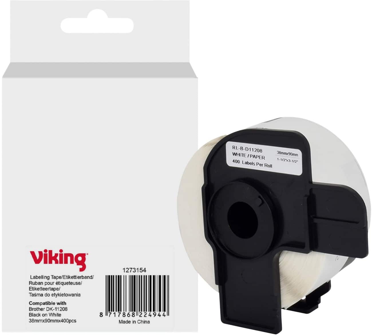 Viking Label Roll Compatible Brother DK-11208 WB-BRRLD11208-WT Adhesive Black on White 38 x 65 mm  Thermal 400 Labels