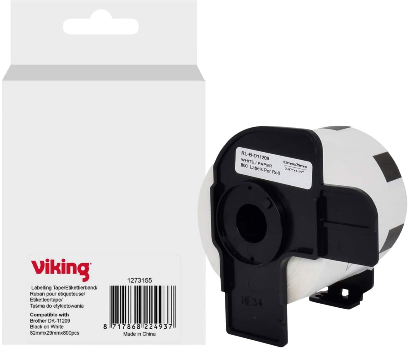 Viking Label Roll Compatible Brother DK-11209 WB-BRRLD11209-WT Adhesive Black on White 62 x 90 mm  Thermal 800 Labels