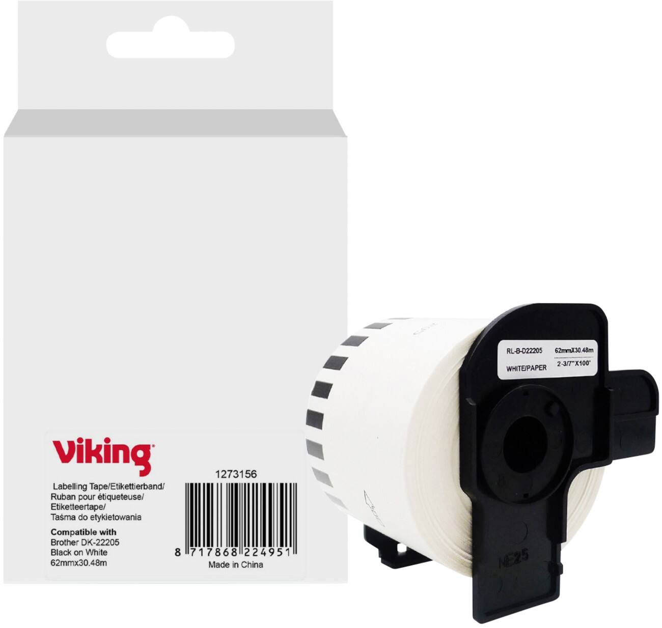 Viking Label Roll Compatible Brother DK-22205 WB-BRRLD22205-WT Adhesive Black on White 62 x 90 mm  Thermal 30 m