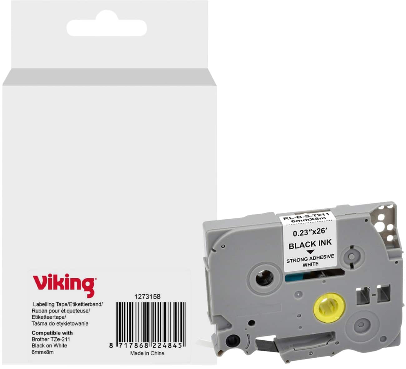 Viking Labelling Tape Compatible Brother TZe-211 WB-BRRLT211-WT Adhesive Black on White 6 x 93 mm Thermal