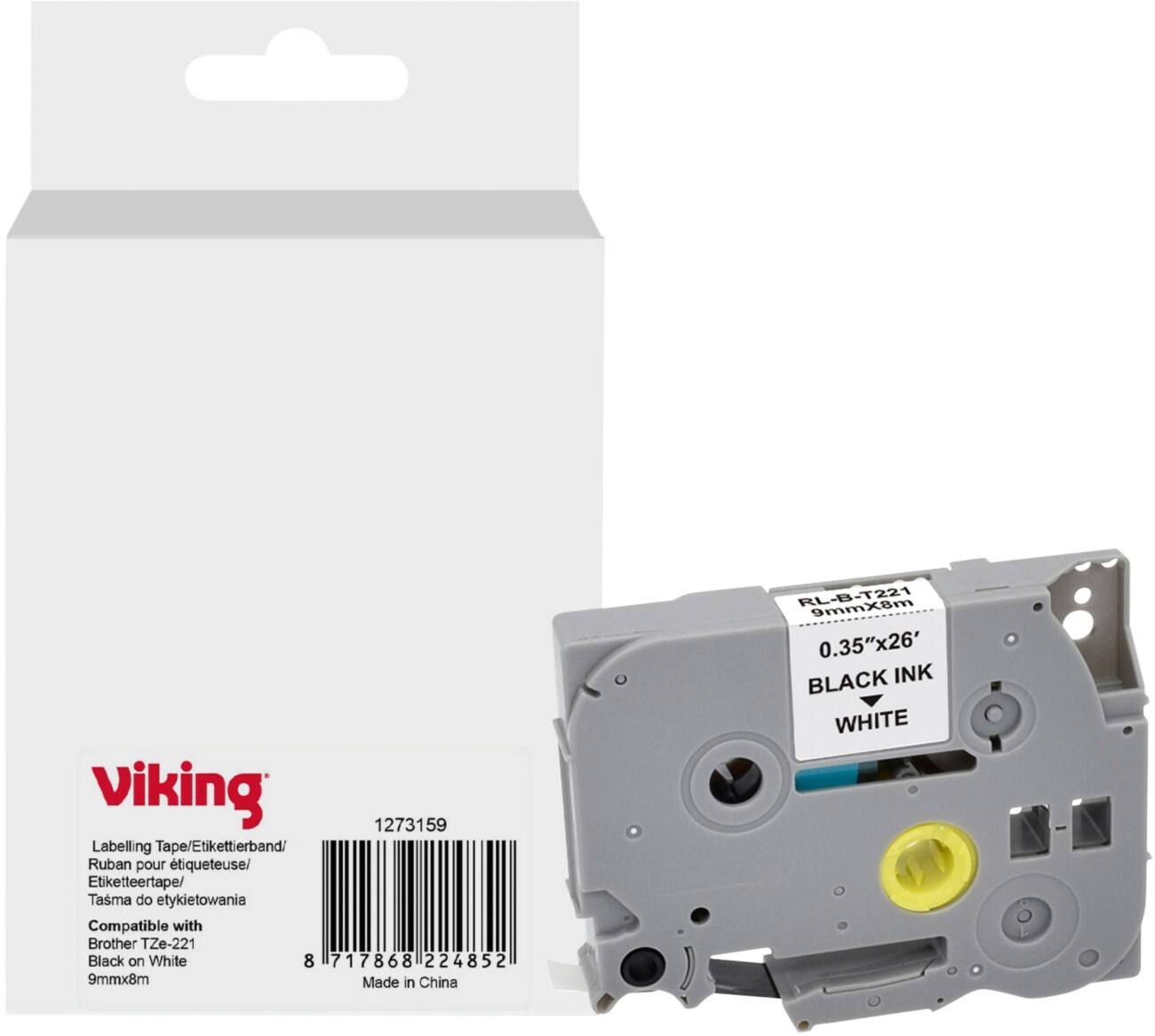 Viking Labelling Tape Compatible Brother TZe-221 WB-BRRLT221-WT Adhesive Black on White 9 x 93 mm Thermal