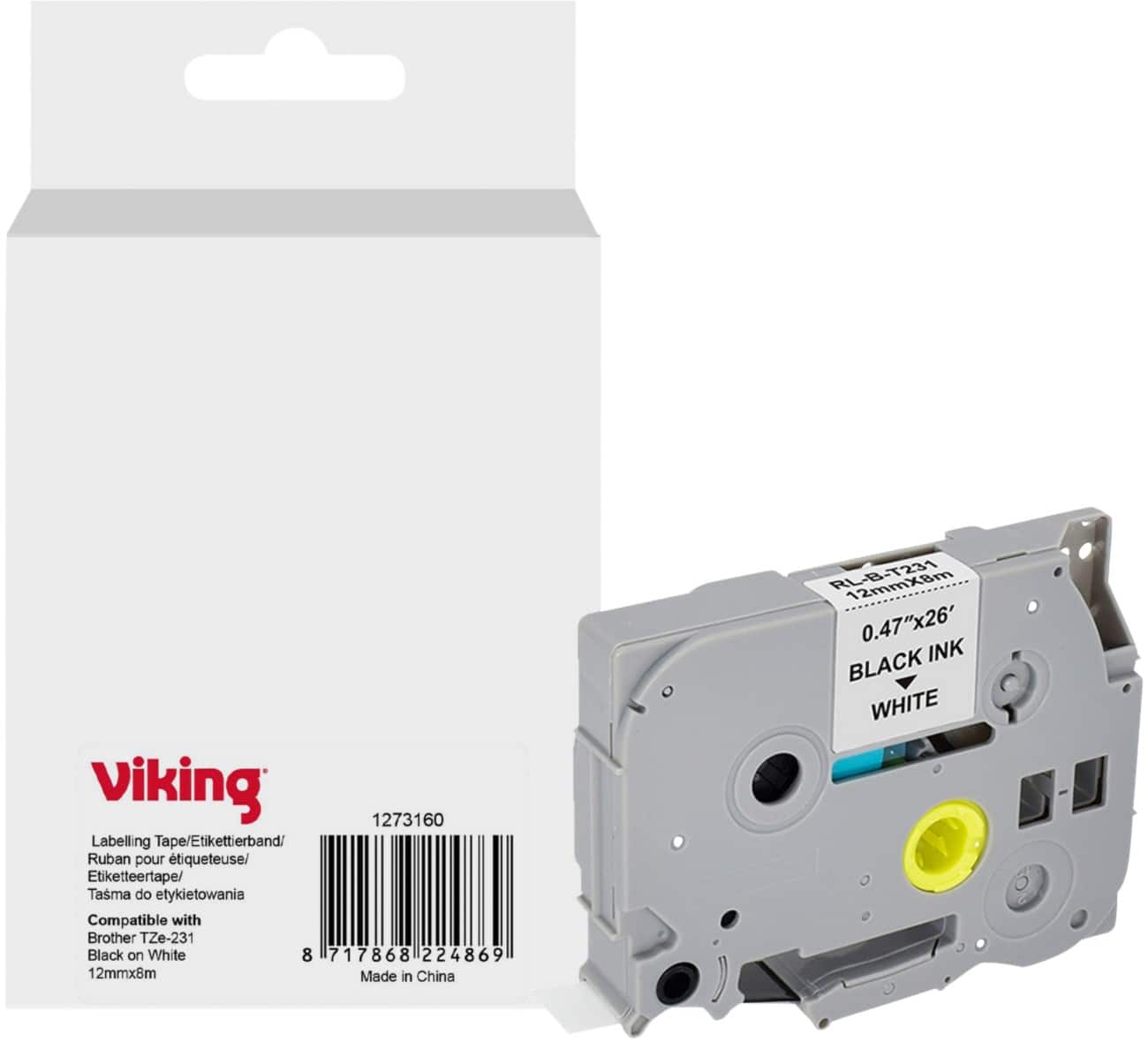 Viking Labelling Tape Compatible Brother TZe-231 WB-BRRLT231-WT Adhesive Black on White 12 x 93 mm Thermal