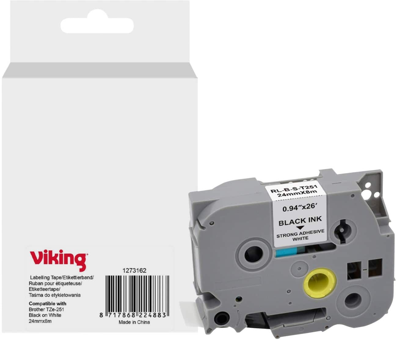 Viking Labelling Tape Compatible Brother TZe-251 WB-BRRLT251-WT Adhesive Black on White 24 x 93 mm Thermal