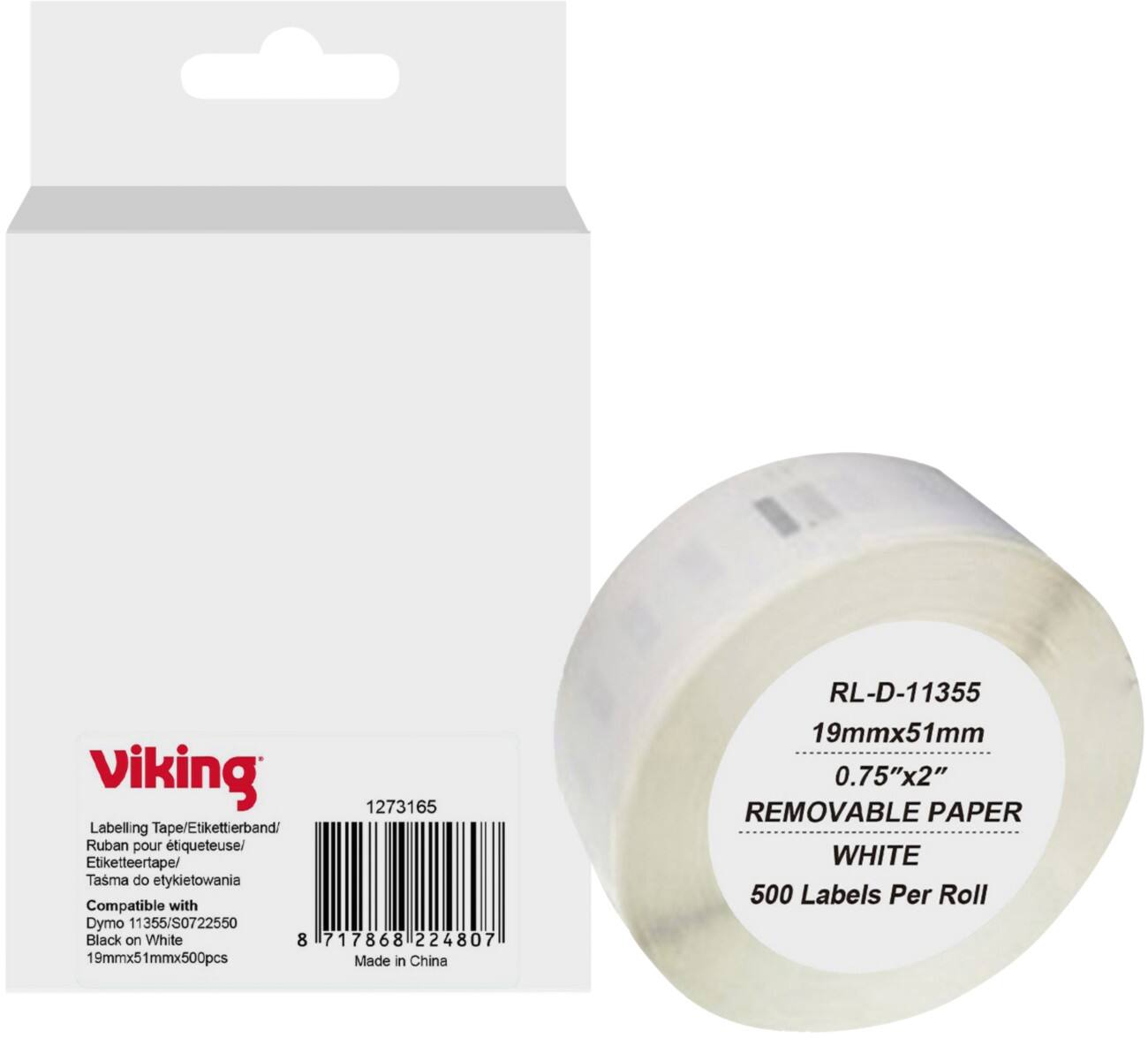 Viking Label Roll Compatible DYMO S0722550 WB-DMRL11355-WT Adhesive Black on White 19 x 85 mm Thermal