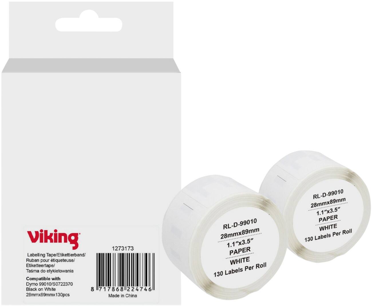 Viking Label Roll Compatible DYMO S0722370 WB-DMRL99010-WT-2 Adhesive Black on White 28 x 69 mm  Thermal 130 Labels