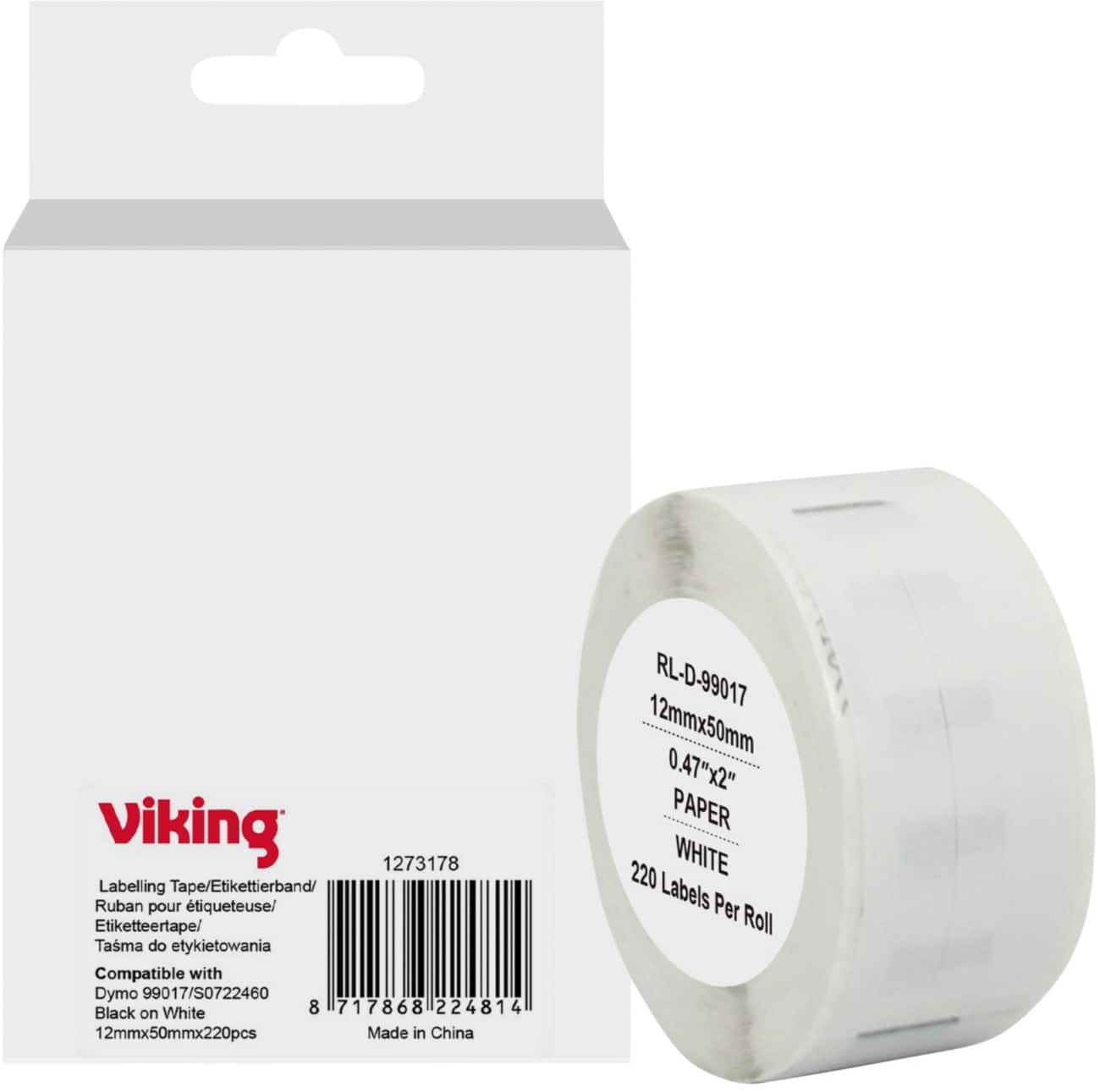 Viking Label Roll Compatible DYMO S0722460 WB-DMRL99017-WT Adhesive Black on White 12 x 60 mm  Thermal 220 Labels
