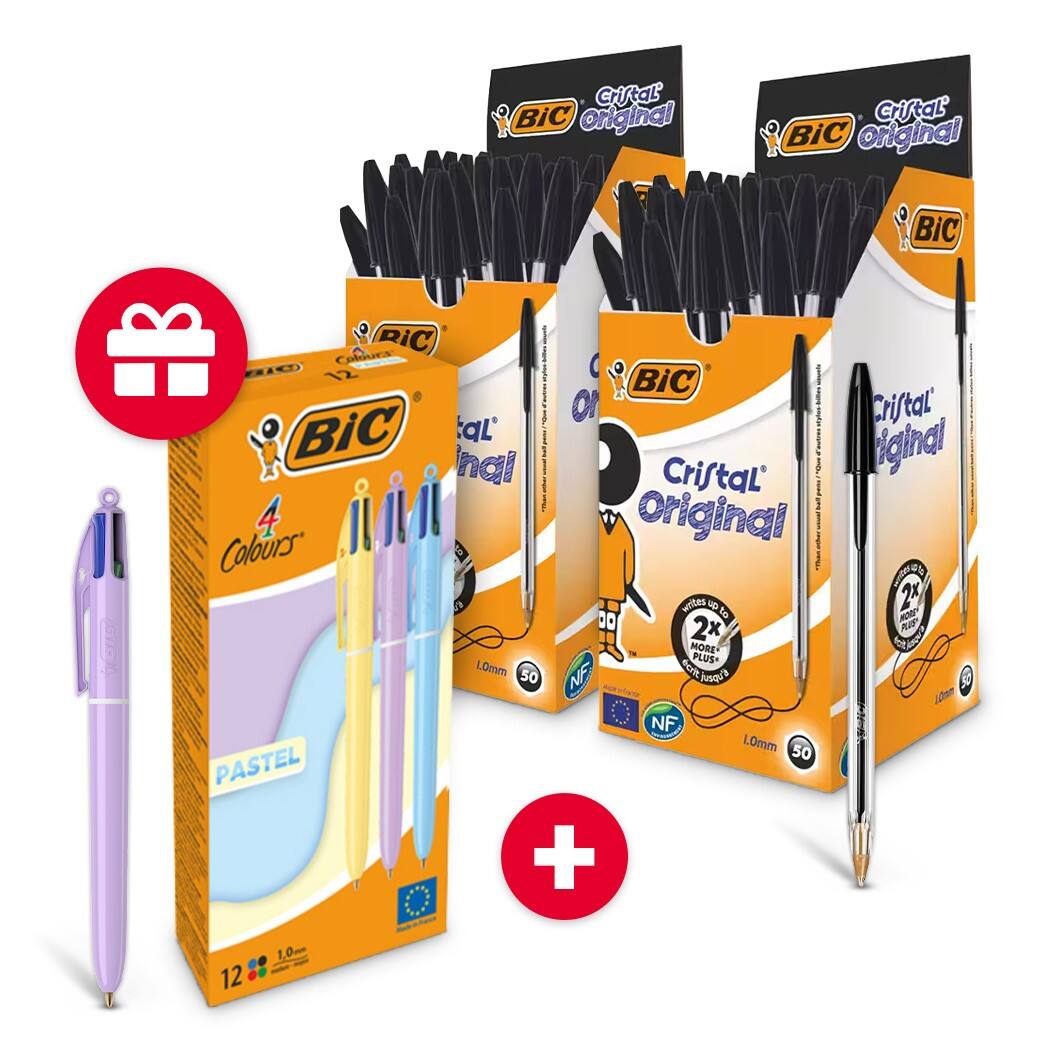 BIC Cristal Original Ballpoint Pen Black 2 Packs of 50 + FREE BIC 4 Colours Ballpoint Pen Multicolour Pack of 12