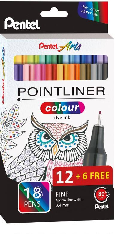 Pentel Pointliner Colour Fineliner Pen Needlepoint Multicolour Pack of 18