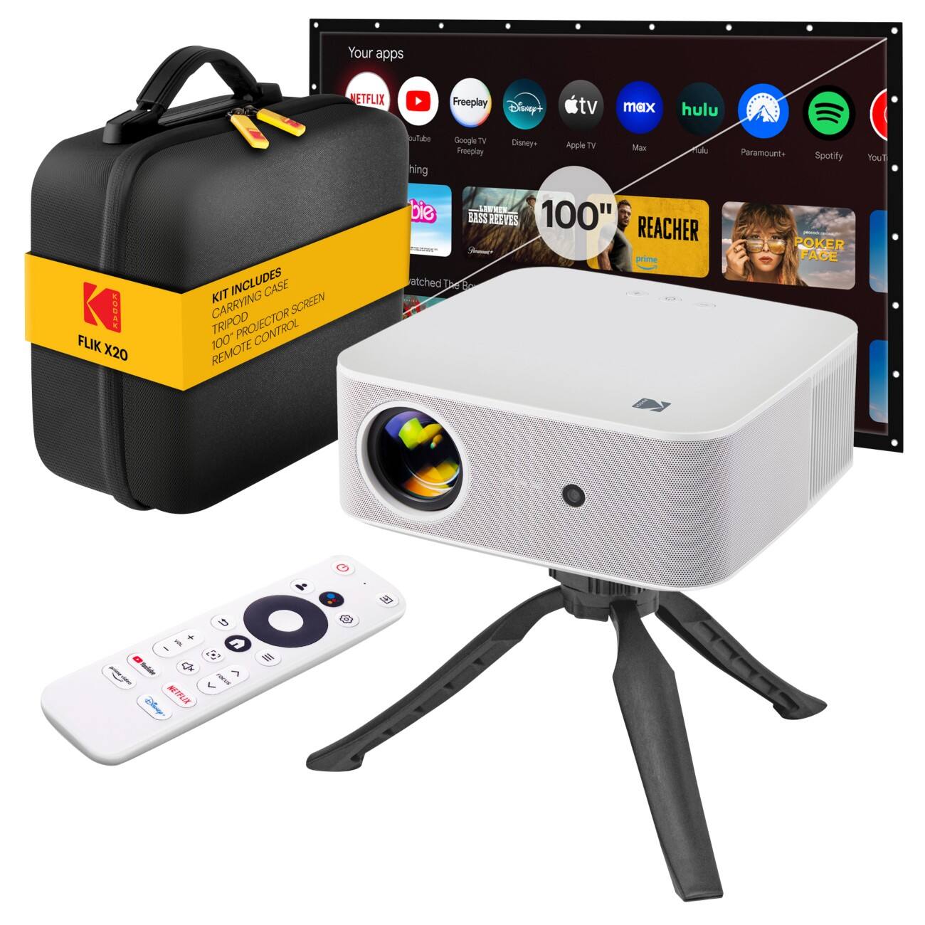 Kodak Flik X20 Smart TV Projector Bundle with 100" Screen, Tripod, Remote, Wi-Fi, EVA Case