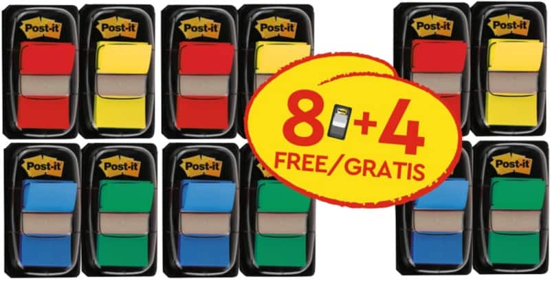 Post-it Index Flags 25.4 x 43.2 mm Assorted 50 Index Flags/Dispenser Pack of 12 Dispensers Promopack 8+4 FREE