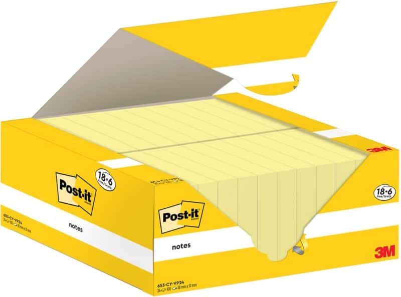 Post-it Sticky Notes Canary Yellow 38 x 51 mm Pack of 24 Pads of 100 Sheets Value Pack 18+6 FREE