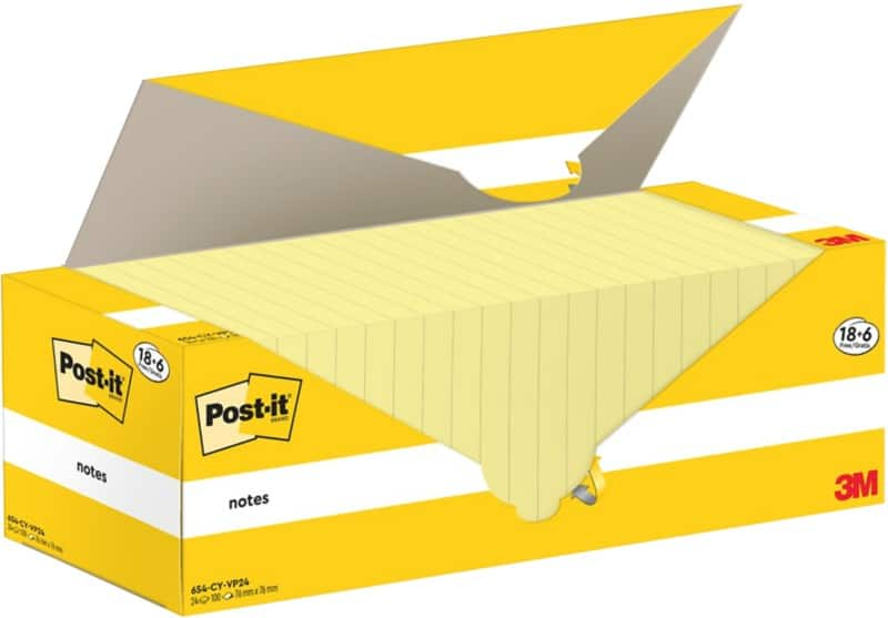 Post-it sticky notes canary yellow 76 x 76 mm pak of 24 pads of 100 sheets value pack 18+6 free