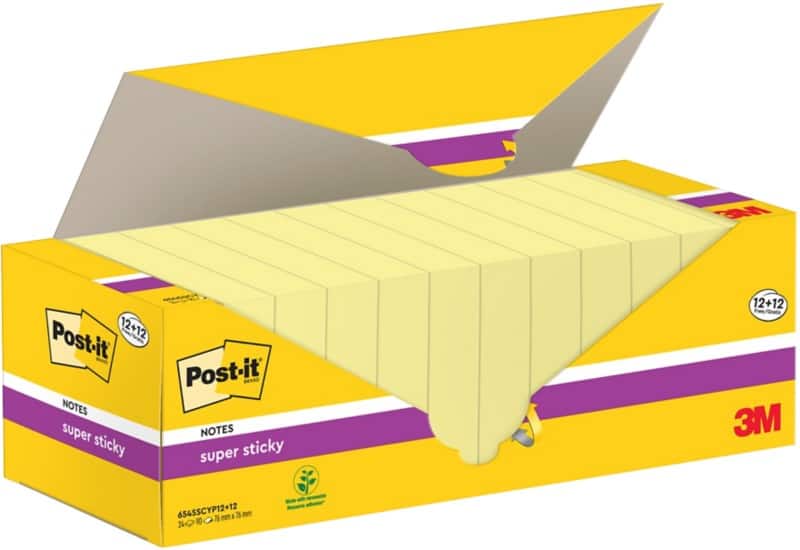 Post-it Super Sticky Notes 76 x 76 mm Canary Yellow Pack of 24 Pads of 90 Sheets 12+12 FREE