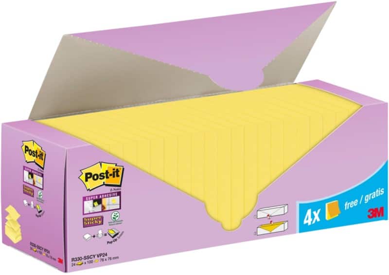 Post-it Super Sticky Z-Notes 76 x 76 mm Canary Yellow Pack of 24 Pieces of 90 Sheets Value Pack 20+4 FREE