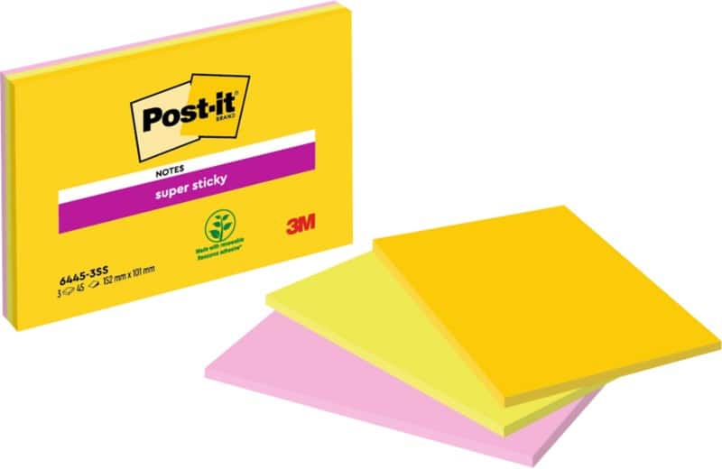 Post-it Super Sticky Notes 152 x 101mm Assorted Pack of 3 Pads of 45 Sheets