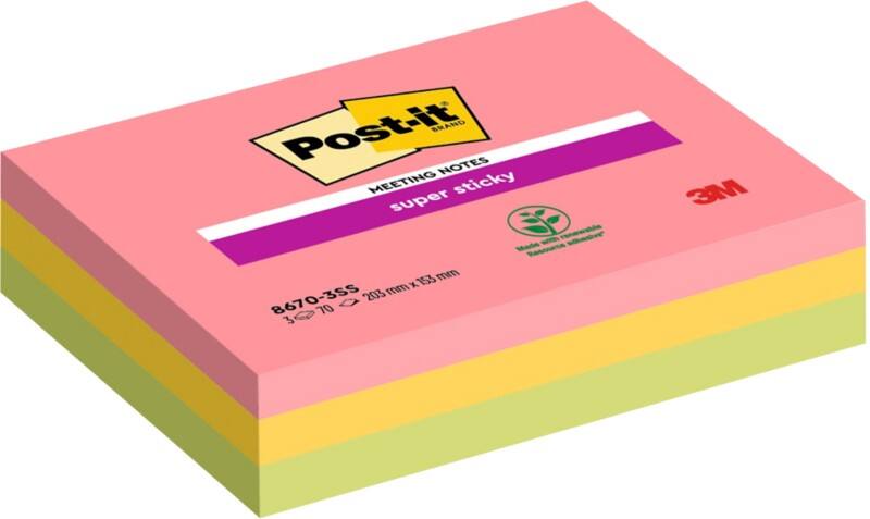 Post-it Super Sticky Notes 203 x 152 mm Assorted Pack of 3 Pads of 70 Sheets