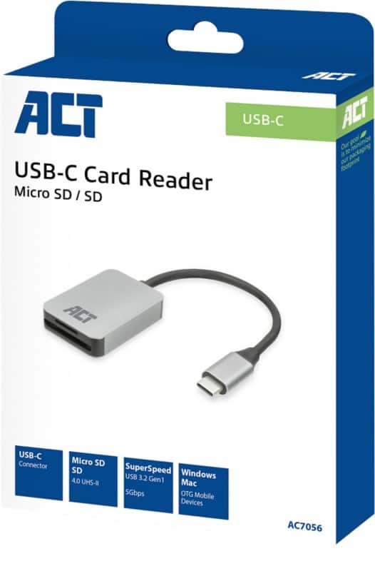 ACT USB-C Card Reader for SD and micro SD, SD 4.0 UHS-II